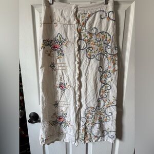 Anthropologie Floral Embroidered Midi Skirt White  Sz 2